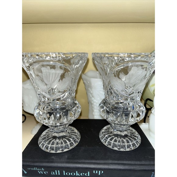 Unmarked Other - Crystal Etched Floral Footed 2 Vases Cut 6 in Pinched Rim Border Classic Elegant